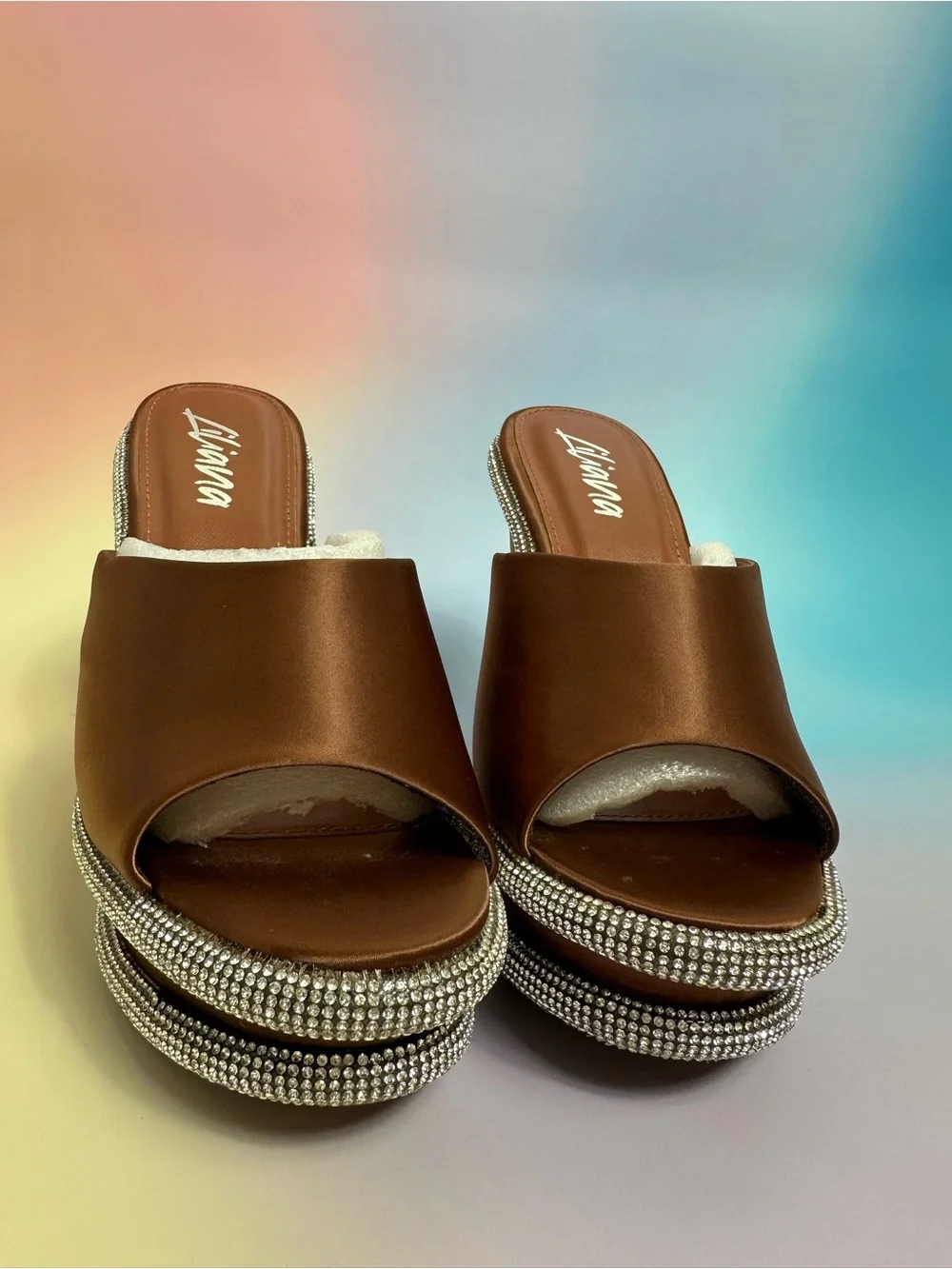 Liliana Bronze Satin Platform Wedge Sandals with Rhinestone Trim
